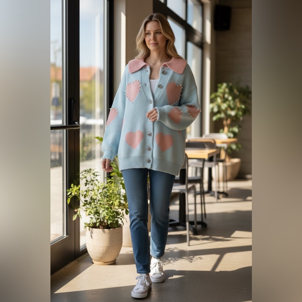 POL Pink and Blue Heart Cardigan NWOT